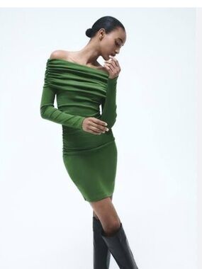 Zara Olive Green Off-Shoulder Ruched Long Sleeve Dress